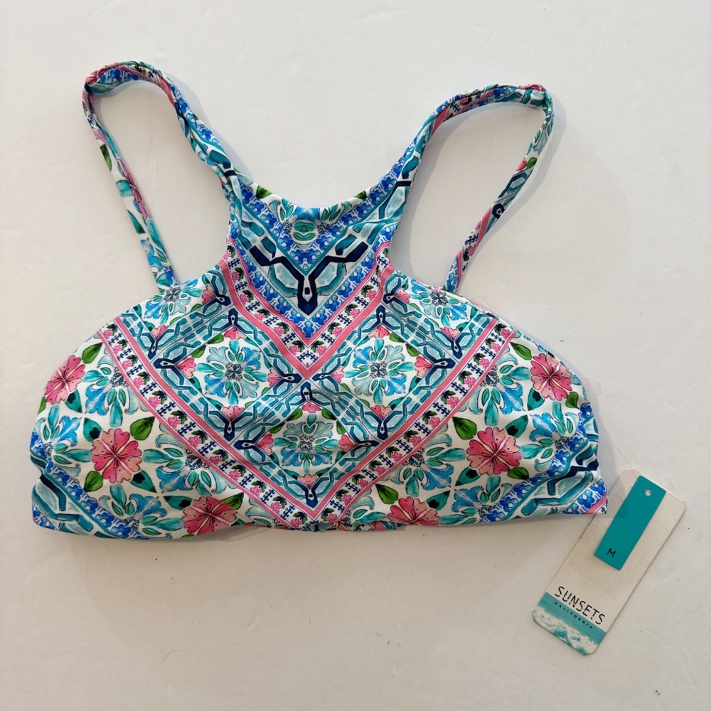 High-Neck Mosaic Print Bikini Top in Blue & Pink